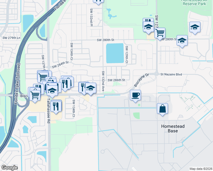 map of restaurants, bars, coffee shops, grocery stores, and more near 13059 Southwest 286th Street in Homestead