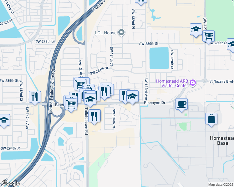 map of restaurants, bars, coffee shops, grocery stores, and more near 28600 Southwest 132nd Avenue in Homestead