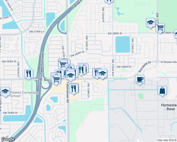 map of restaurants, bars, coffee shops, grocery stores, and more near 13549 Southwest 287th Terrace in Homestead