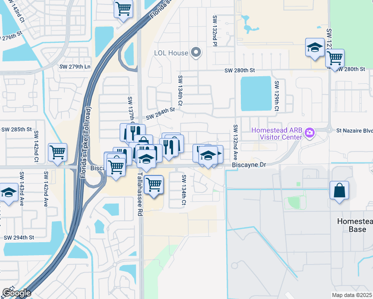 map of restaurants, bars, coffee shops, grocery stores, and more near 13549 Southwest 287th Terrace in Homestead