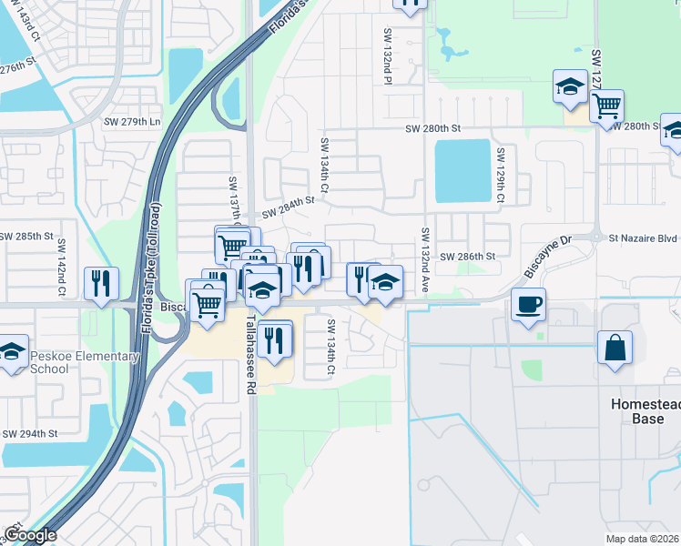map of restaurants, bars, coffee shops, grocery stores, and more near 28600 Southwest 132nd Avenue in Homestead
