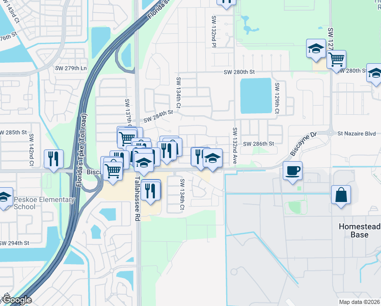 map of restaurants, bars, coffee shops, grocery stores, and more near 28600 Southwest 132nd Avenue in Homestead