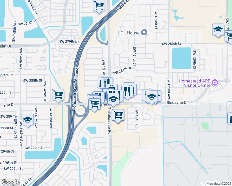 map of restaurants, bars, coffee shops, grocery stores, and more near 13631 Southwest 287th Terrace in Homestead