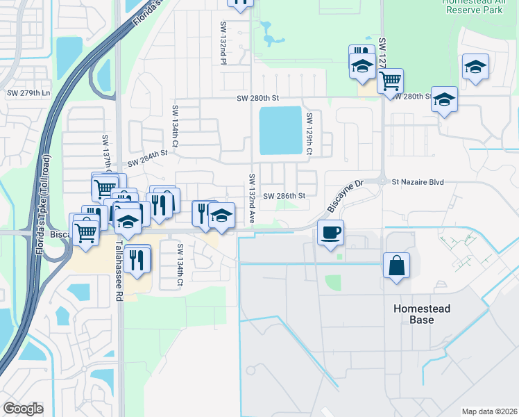 map of restaurants, bars, coffee shops, grocery stores, and more near 13059 Southwest 286th Street in Homestead
