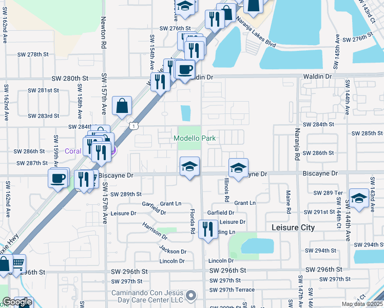 map of restaurants, bars, coffee shops, grocery stores, and more near 15230 Southwest 286th Street in Homestead