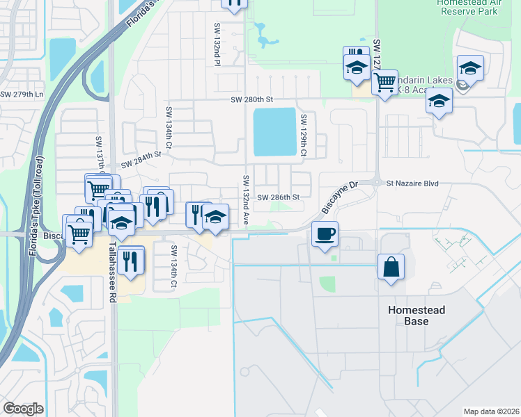 map of restaurants, bars, coffee shops, grocery stores, and more near 13059 Southwest 286th Street in Homestead