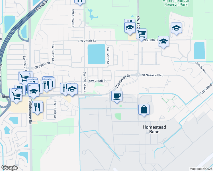 map of restaurants, bars, coffee shops, grocery stores, and more near 28574 Southwest 129th Place in Homestead