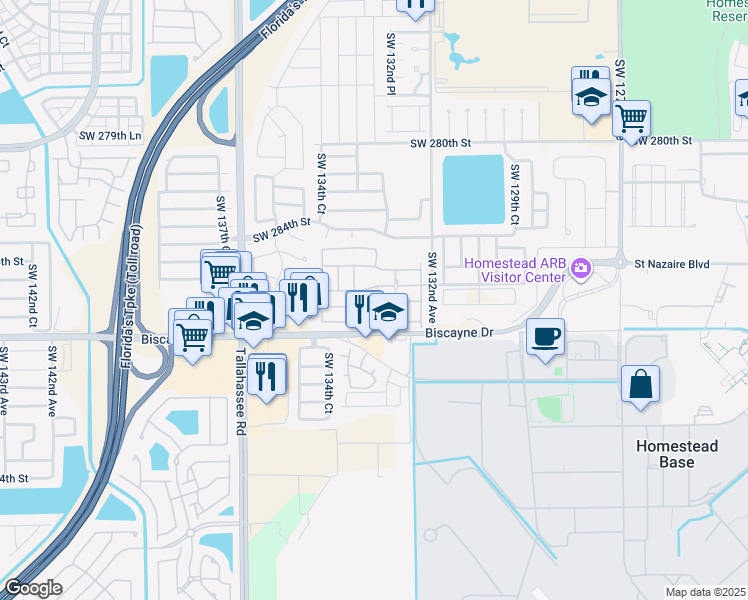 map of restaurants, bars, coffee shops, grocery stores, and more near 28600 Southwest 132nd Avenue in Homestead