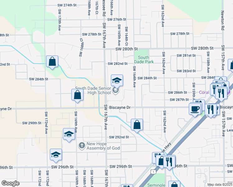 map of restaurants, bars, coffee shops, grocery stores, and more near 28401 Southwest 167th Avenue in Homestead