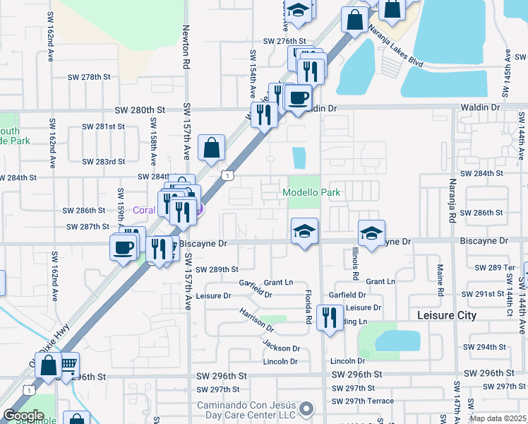 map of restaurants, bars, coffee shops, grocery stores, and more near 28603 Southwest 153rd Place in Homestead