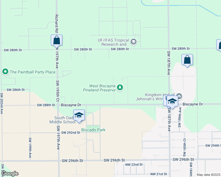 map of restaurants, bars, coffee shops, grocery stores, and more near 28450 Southwest 192nd Avenue in Homestead