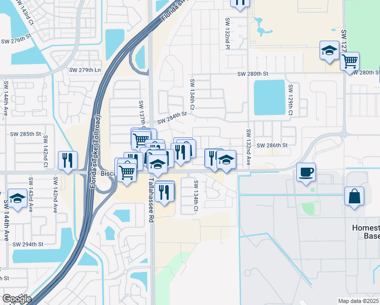 map of restaurants, bars, coffee shops, grocery stores, and more near 13549 Southwest 287th Terrace in Homestead