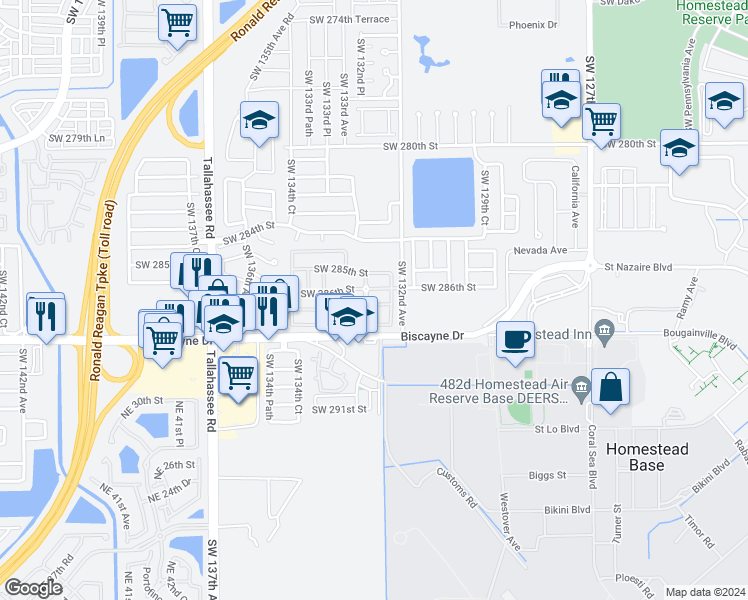map of restaurants, bars, coffee shops, grocery stores, and more near 28600 Southwest 132nd Avenue in Homestead