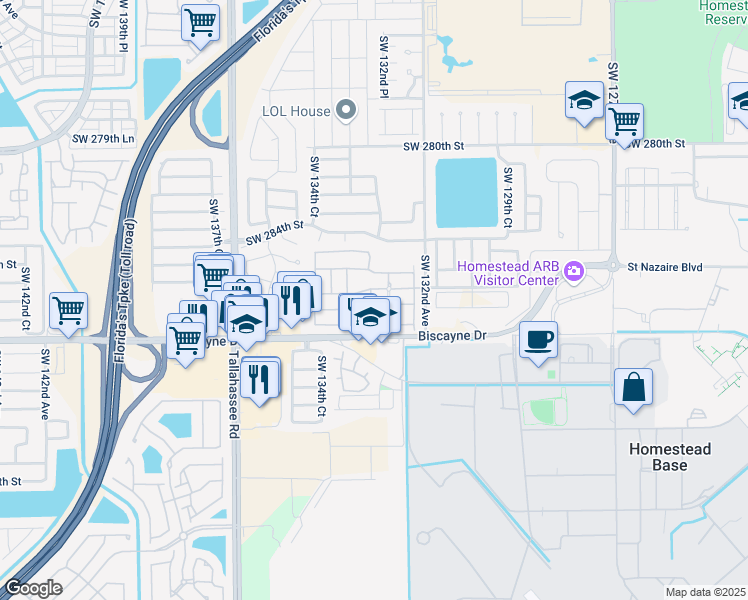 map of restaurants, bars, coffee shops, grocery stores, and more near 28600 Southwest 132nd Avenue in Homestead