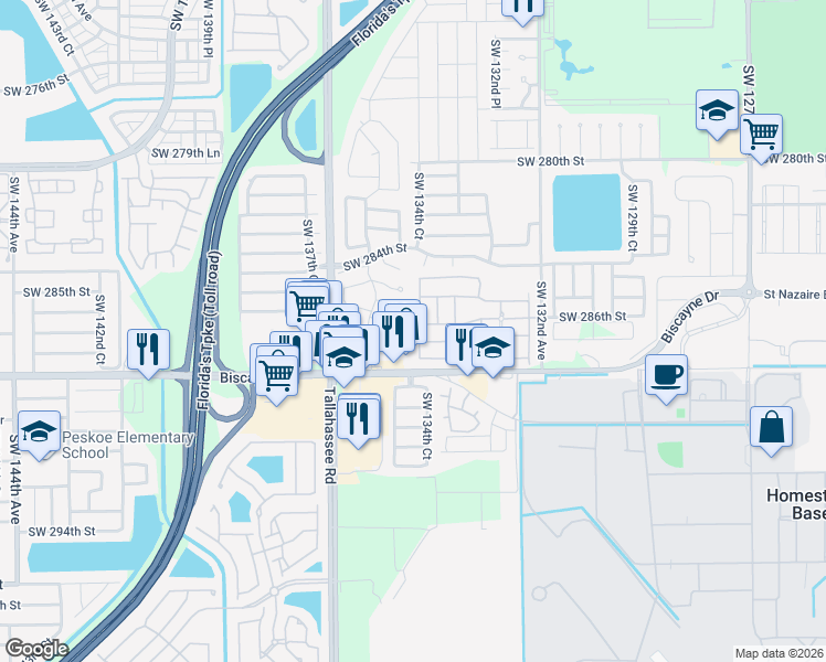 map of restaurants, bars, coffee shops, grocery stores, and more near 13549 Southwest 287th Terrace in Homestead