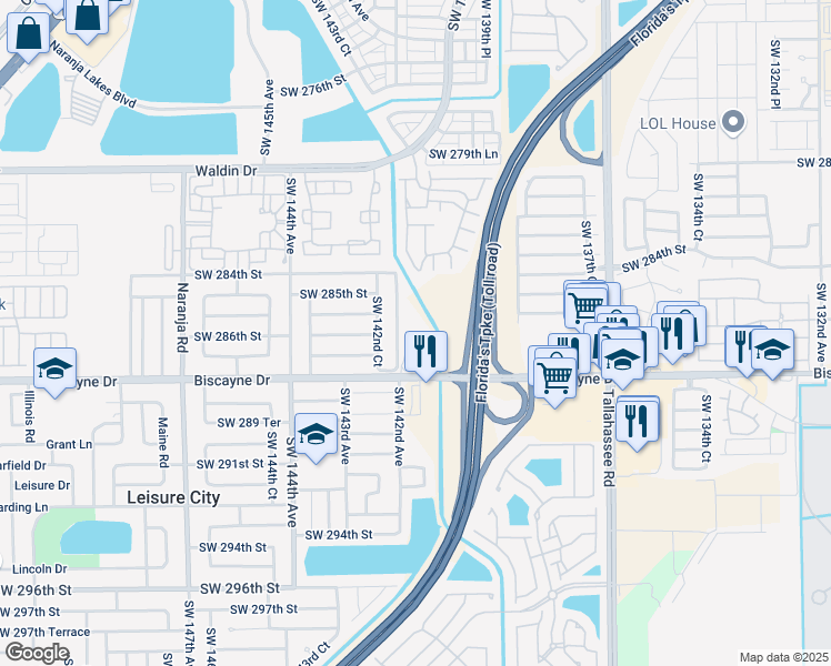map of restaurants, bars, coffee shops, grocery stores, and more near 28451-28499 Southwest 142nd Avenue in Homestead