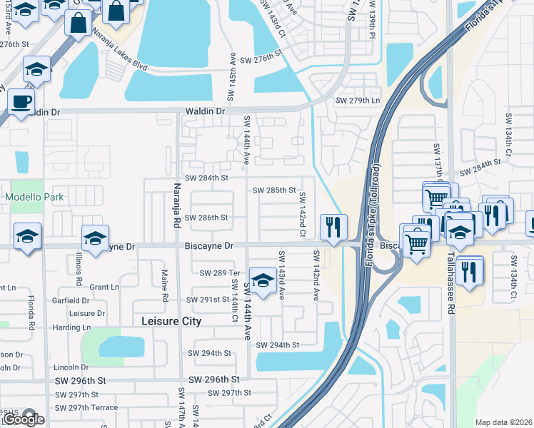map of restaurants, bars, coffee shops, grocery stores, and more near 28600 Southwest 143rd Court in Homestead