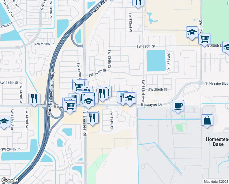 map of restaurants, bars, coffee shops, grocery stores, and more near 28600 Southwest 132nd Avenue in Homestead