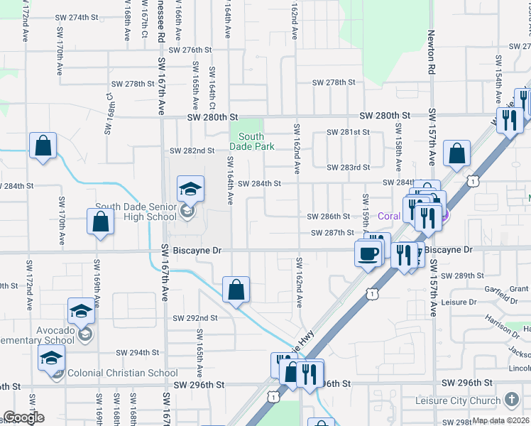 map of restaurants, bars, coffee shops, grocery stores, and more near 28530 Southwest 163rd Avenue in Homestead