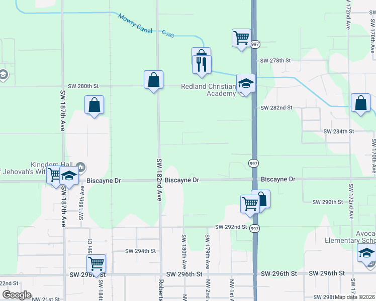 map of restaurants, bars, coffee shops, grocery stores, and more near 17950 Southwest 285th Street in Homestead