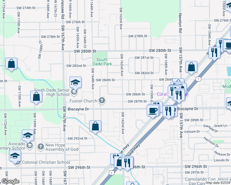 map of restaurants, bars, coffee shops, grocery stores, and more near 16241 Southwest 286th Street in Homestead