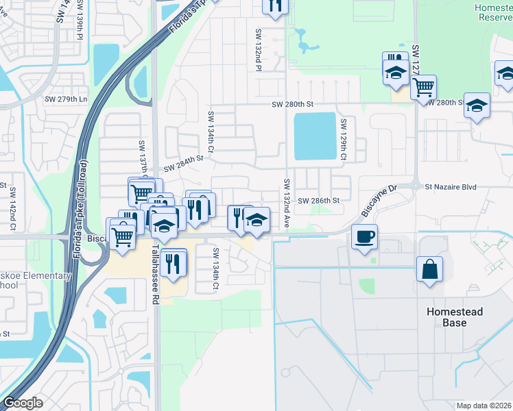 map of restaurants, bars, coffee shops, grocery stores, and more near 28600 Southwest 132nd Avenue in Homestead