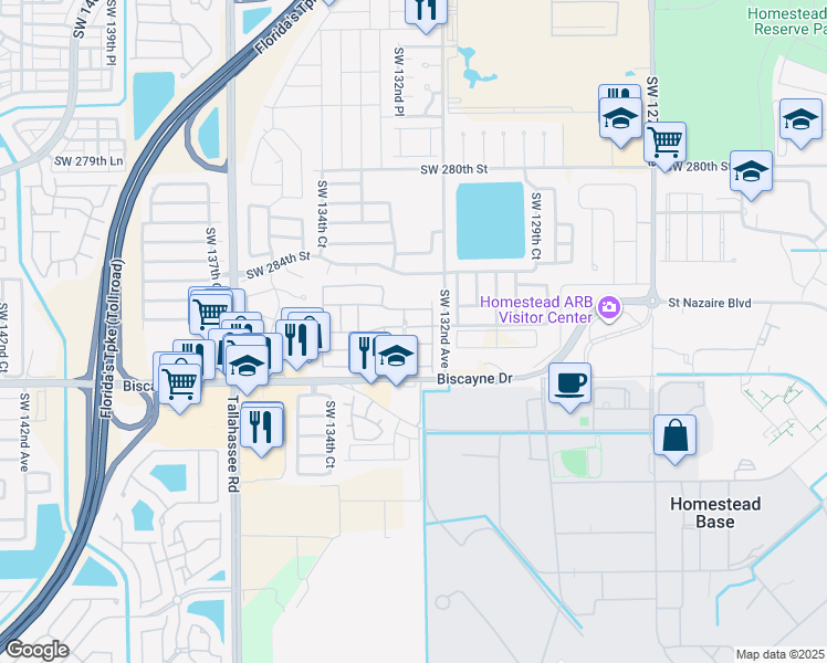 map of restaurants, bars, coffee shops, grocery stores, and more near 28600 Southwest 132nd Avenue in Homestead