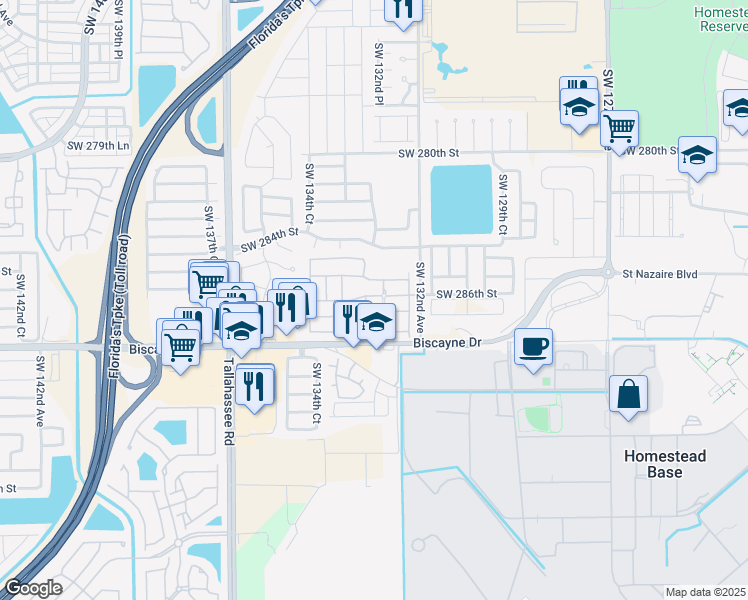 map of restaurants, bars, coffee shops, grocery stores, and more near 28600 Southwest 132nd Avenue in Homestead