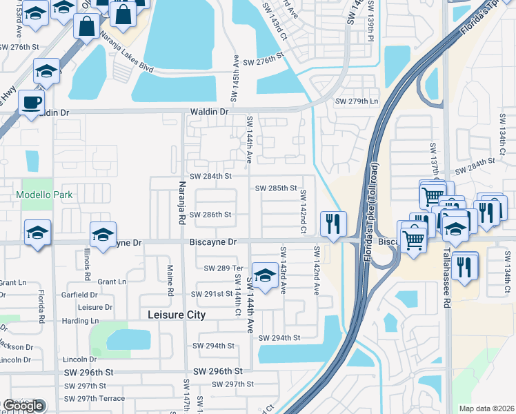 map of restaurants, bars, coffee shops, grocery stores, and more near 28600 Southwest 143rd Court in Homestead
