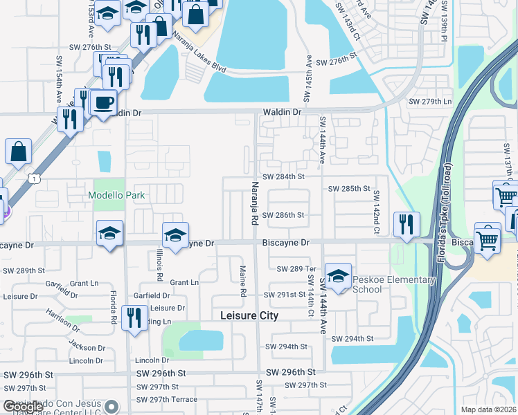 map of restaurants, bars, coffee shops, grocery stores, and more near 28581 Southwest 147th Avenue in Homestead