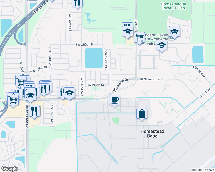 map of restaurants, bars, coffee shops, grocery stores, and more near 12905 Southwest 286th Street in Homestead