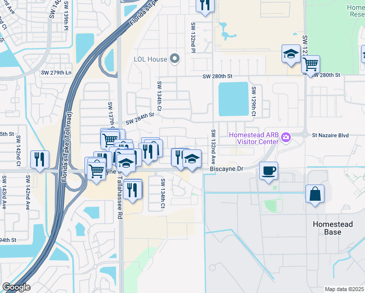 map of restaurants, bars, coffee shops, grocery stores, and more near 28600 Southwest 132nd Avenue in Homestead