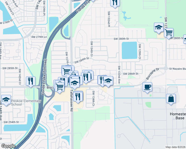 map of restaurants, bars, coffee shops, grocery stores, and more near 13549 Southwest 287th Terrace in Homestead