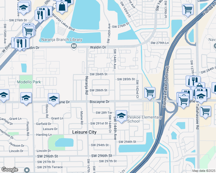 map of restaurants, bars, coffee shops, grocery stores, and more near 14432 Southwest 285th Terrace in Homestead