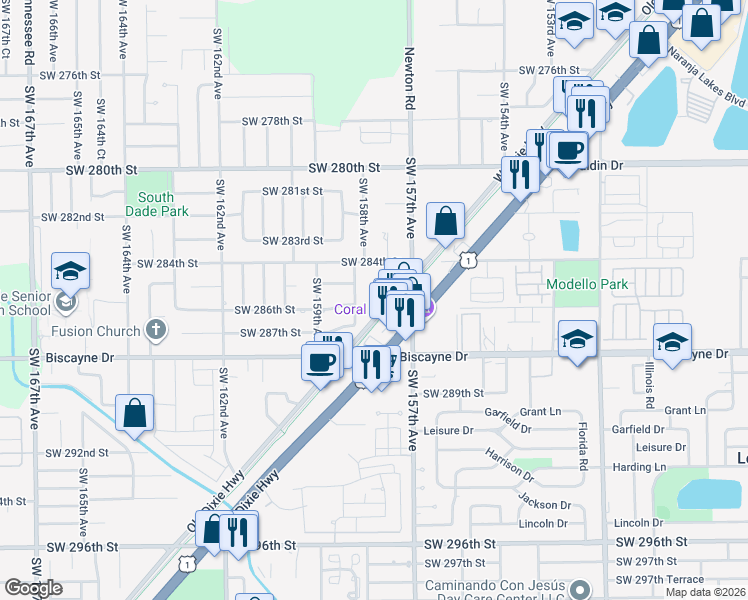 map of restaurants, bars, coffee shops, grocery stores, and more near 28600 Old Dixie Hwy in Homestead