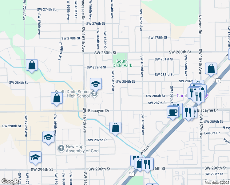 map of restaurants, bars, coffee shops, grocery stores, and more near 28531 Southwest 164th Avenue in Homestead