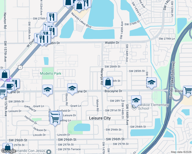 map of restaurants, bars, coffee shops, grocery stores, and more near 28532 Southwest 147th Court in Homestead