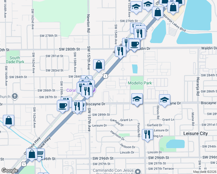 map of restaurants, bars, coffee shops, grocery stores, and more near 15440 Southwest 284th Street in Homestead