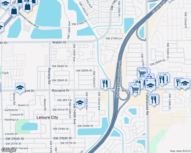 map of restaurants, bars, coffee shops, grocery stores, and more near 28535 Southwest 142nd Court in Homestead