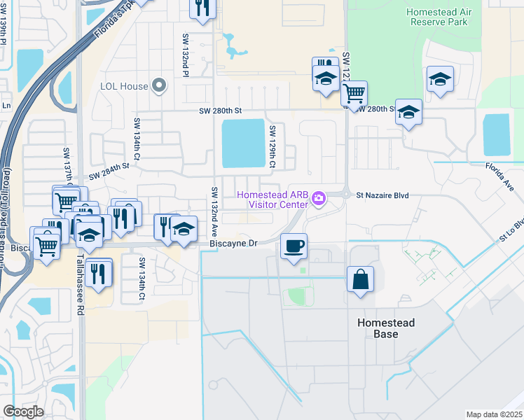 map of restaurants, bars, coffee shops, grocery stores, and more near 28574 Southwest 129th Place in Homestead