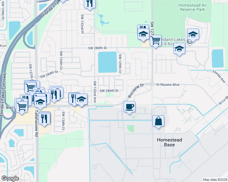 map of restaurants, bars, coffee shops, grocery stores, and more near 28574 Southwest 129th Place in Homestead