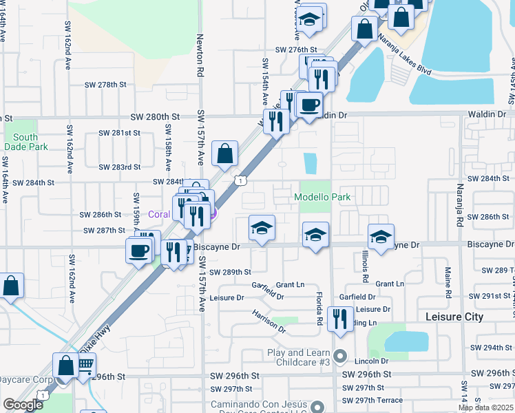 map of restaurants, bars, coffee shops, grocery stores, and more near 15440 Southwest 284th Street in Homestead