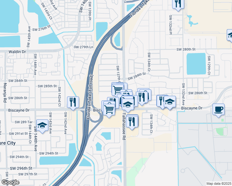 map of restaurants, bars, coffee shops, grocery stores, and more near 13740 Southwest 285th Terrace in Homestead
