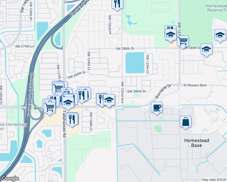 map of restaurants, bars, coffee shops, grocery stores, and more near 28600 Southwest 132nd Avenue in Homestead