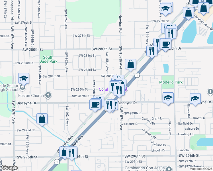 map of restaurants, bars, coffee shops, grocery stores, and more near 28600 Old Dixie Highway in Homestead