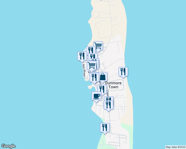 map of restaurants, bars, coffee shops, grocery stores, and more near King Street in Dunmore Town