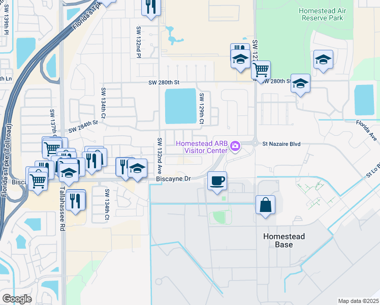 map of restaurants, bars, coffee shops, grocery stores, and more near 28574 SW 129th Pl in Homestead