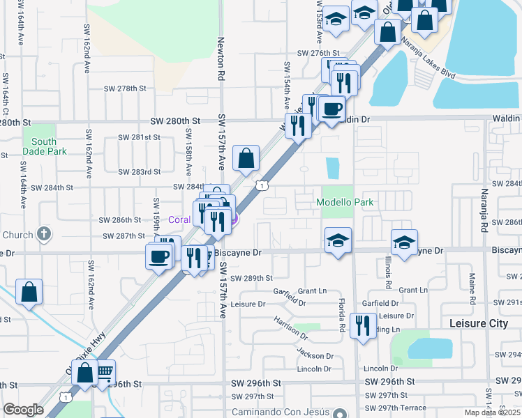 map of restaurants, bars, coffee shops, grocery stores, and more near 15440 Southwest 284th Street in Homestead