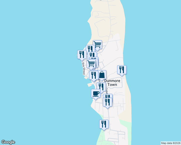 map of restaurants, bars, coffee shops, grocery stores, and more near King Street in Dunmore Town