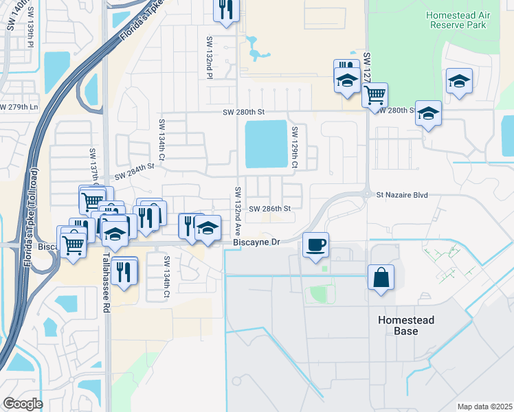 map of restaurants, bars, coffee shops, grocery stores, and more near 13059 Southwest 286th Street in Homestead